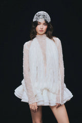 Isoline white semi-sheer lace top & shorts & dress matching set