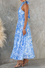 simona Sleeveless printed backless mini dress in blue