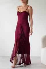 claire burgundy Irregular Ruffle Breathable Maxi Dress