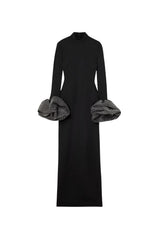 rachel black ruffled crystal-embellished crepe mock-neck gown