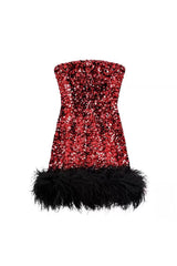 quintina Sequin Feather Strapless mini Dress in red