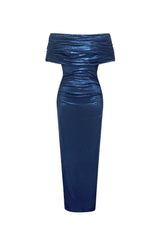 doris dark blue Contour Metallic Off Shoulder Ruched Maxi Dress
