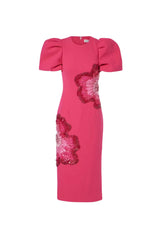 sequin flower Embellished puff sleeve Midi Dress in Pink