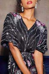 doreen Floral Embroidered Sequins Maxi Dress - black
