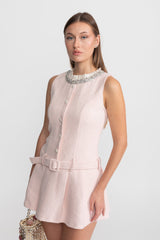 zenobia Crystal Embellished Tweed Mini Dress With Belt – Blush