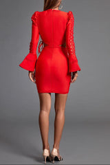 sandra red Long Sleeve Cut Out Lace Mini Dress