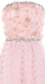 Pink Princess layer ruffle midi floral Embroidery strapless Dress