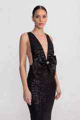 Sequin Maxi Dress With Satin Bow Detail - Black
