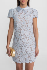 sylvia Light Blue Floral Lace hollow Mini Dress with Satin Collar