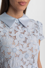 sylvia Light Blue Floral Lace hollow Mini Dress with Satin Collar