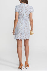 sylvia Light Blue Floral Lace hollow Mini Dress with Satin Collar