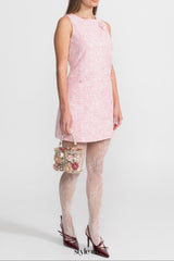 laurel Pink flower Sleeveless Tweed Mini Dress With Pearl Trim