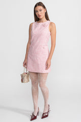 laurel Pink flower Sleeveless Tweed Mini Dress With Pearl Trim