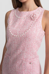 laurel Pink flower Sleeveless Tweed Mini Dress With Pearl Trim