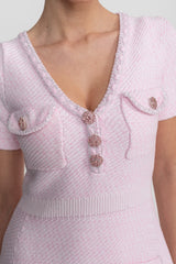 sandra Textured Mini Dress With V-Neckline And Jewel Buttons - Pink