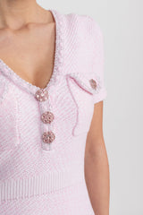 sandra Textured Mini Dress With V-Neckline And Jewel Buttons - Pink