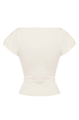 riva white Irregular ruched stretch short-sleeve top