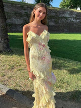 floral printed Spaghetti Straps maxi Dress with Ruffles