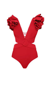 DEEP V RED CUTOUT ONE PIECE SWIMSUIT AND SKIRT styleofcb SWIMSUIT S 
