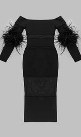BANDAGE OFF-SHOULDER FEATHER MIDI DRESS IN BLACK styleofcb 