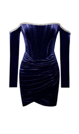 ODETTE NAVY VELVET OFF SHOULDER CORSET DRESS WITH CRYSTAL TRIM Dresses styleofcb 