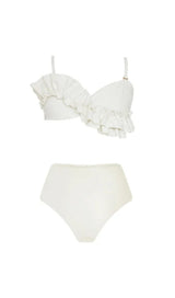 WHITE RUFFLE DETAIL HIGH WAIST BIKINI SWIMSUIT styleofcb 