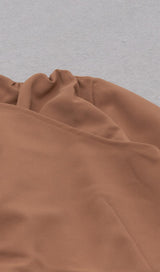 IRREGULAR PLEATED HIGH SPLIT METAL BUCKLE DRESS IN CAMEL styleofcb 
