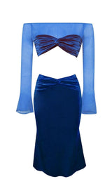 VELVET MESH SLEEVE TWO PIECE SUIT Tops styleofcb BLUE XS 