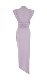 DEEP V-NECK SMALL FLYING-SLEEVED HIGH-RISE DRESS IN LIGHT PURPLE styleofcb 