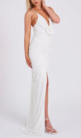 FLOWER-EMBELLISHED PLUNGE MAXI DRESS IN WHITE DRESS STYLE OF CB 