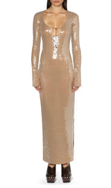 SEQUINED WITH LONG SLEEVES AND BACKLESS DRESS IN KHAKI styleofcb 