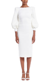WHITE PUFF SLEEVE BACK LARGE BOW MIDI DRESS styleofcb 