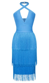 TASSEL HALTER BANAGE MIDI DRESS IN PURE BLUE DRESS styleofcb 