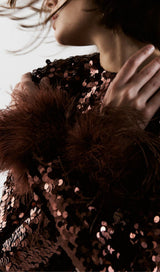SEQUIN PATCHWORK PLUSH CUFF DRESS IN BROWN styleofcb 
