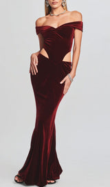 OFF SHOULDER WAIST HOLLOW VELVET MAXI DRESS IN BURGUNDY styleofcb 