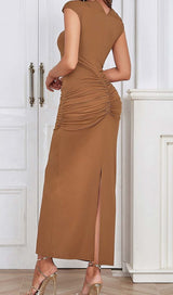 RUCHED SATIN MIDI DRESS IN BROWN DRESS STYLE OF CB 