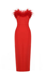 STRETCH STRAPLESS FEATHER TRIMMED GOWN IN RED styleofcb 