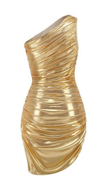 ONE SHOULDER RUCHED MINI DRESS IN GOLD Dresses styleofcb 