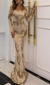 LONG SLEEVES WITH PRINT MAXI DRESS IN GOLD styleofcb 
