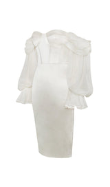 LYDIA PEARL WHITE SATIN OFF SHOULDER PUFF SLEEVE DRESS Dresses styleofcb 