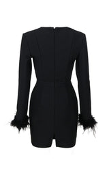 STRETCH LONG SLEEVES FEATHER MINI DRESS IN BLACK Dresses styleofcb 