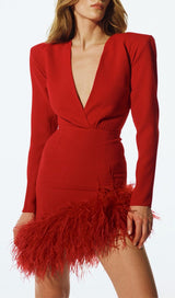 STRETCH LONG SLEEVES MINI DRESS IN RED styleofcb 