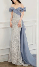 ONE-SHOULDER PUFF SLEEVE SEQUIN STITCHED MAXI DRESS Dresses styleofcb 