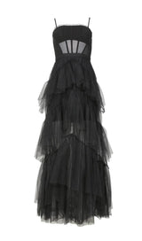 TIERED RUFFLE TULLE EVENING MAXI DRESS Dresses styleofcb XS BLACK 