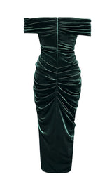 VELVET ONE-LINE SHOULDER HIGH SLIT DRESS IN DARK GREEN styleofcb 