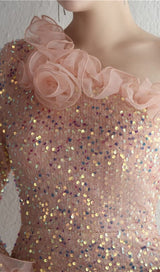 ONE-SHOULDER PUFF SLEEVE SEQUIN STITCHED MAXI DRESS Dresses styleofcb 