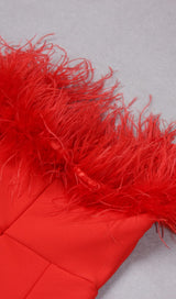 STRETCH STRAPLESS FEATHER TRIMMED GOWN IN RED styleofcb 
