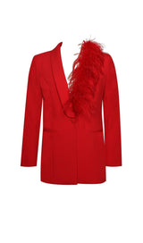 RED BLAZER SUIT WITH FEATHER TRIM Bottoms styleofcb 
