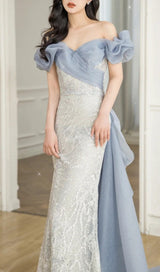 ONE-SHOULDER PUFF SLEEVE SEQUIN STITCHED MAXI DRESS Dresses styleofcb 