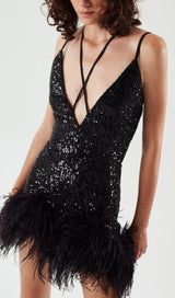 FEATHER V NECK MINI DRESS IN BLACK DRESS STYLE OF CB 